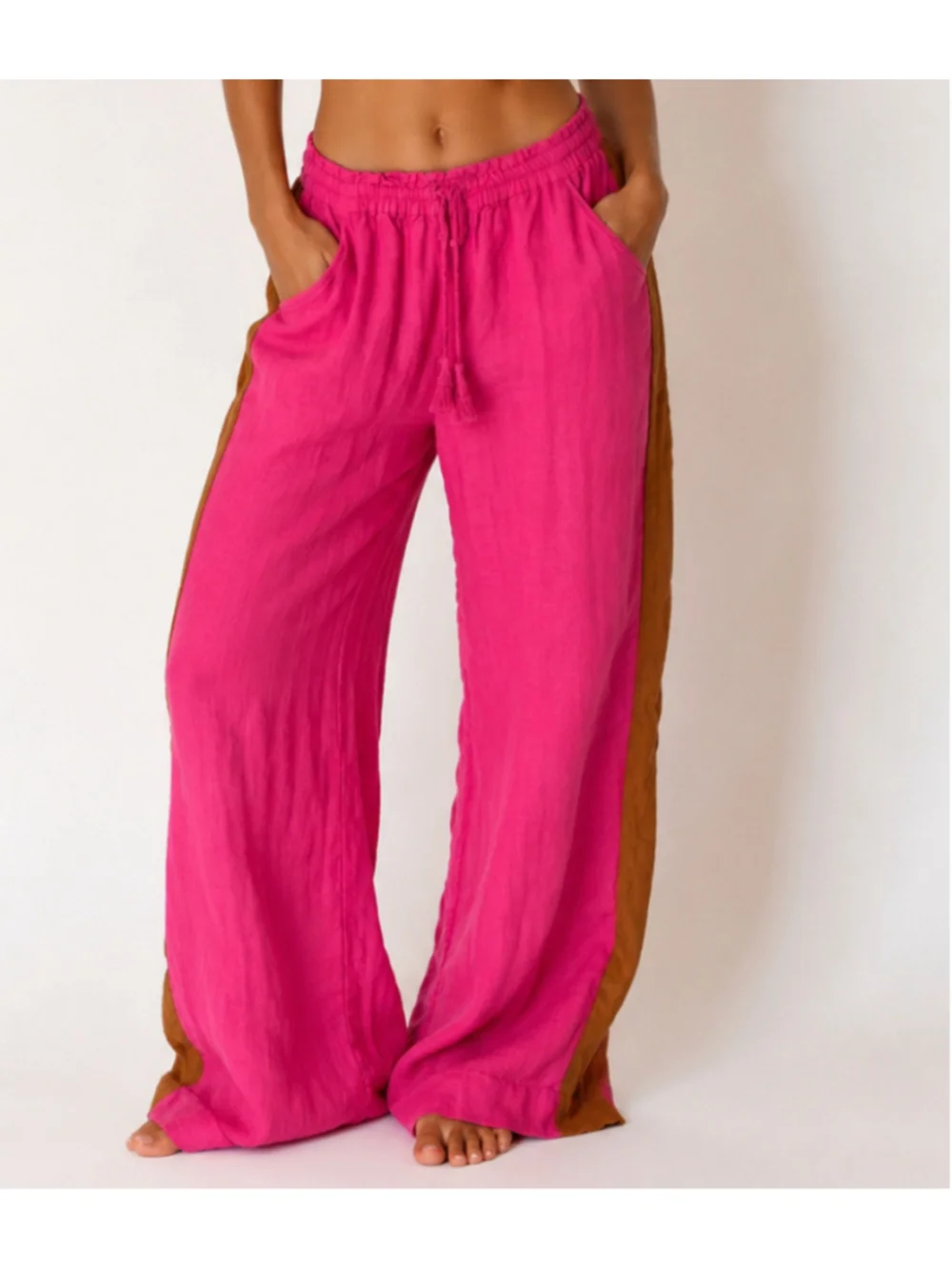 J.Crew Linen Wide Leg Pants Hot Pink Camel Coastal Drawstring Boho Luxe XL Beach